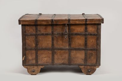 INDIA: Wooden chest on wheels, iron barded,...