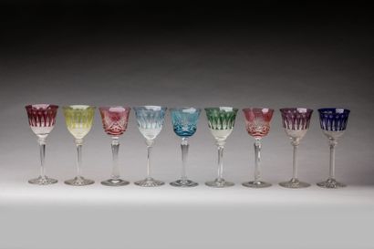 SAINT LOUIS: Six colored cut crystal glasses,...