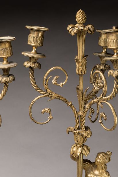PAIRE DE CANDELABRES en bronze doré et marbre...