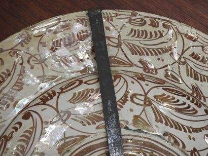 LARGE circular earthenware PLAT with metallized...
