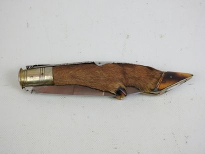 Folding hunting knife, deer leg handle. Unfolded...