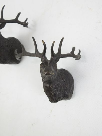 TWO DEER HEADS in brown patina bronze. Presented...