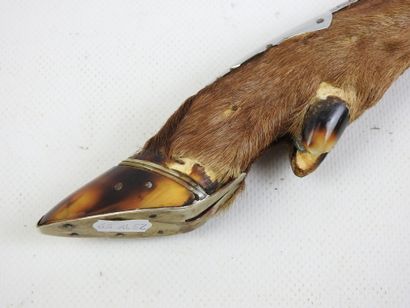 Folding hunting knife, deer leg handle. Unfolded...