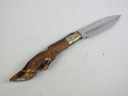 Folding hunting knife, deer leg handle. Unfolded...