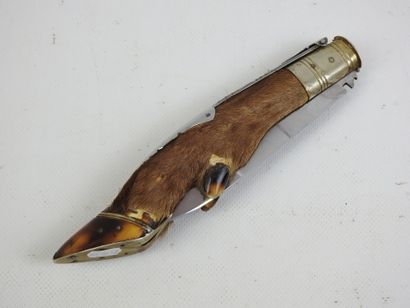 Folding hunting knife, deer leg handle. Unfolded...