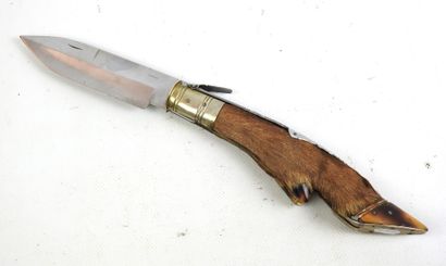 Folding hunting knife, deer leg handle. Unfolded...