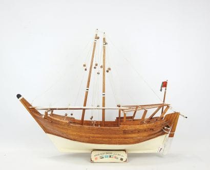 MAQUETTE of a wooden sailboat, stand titled...