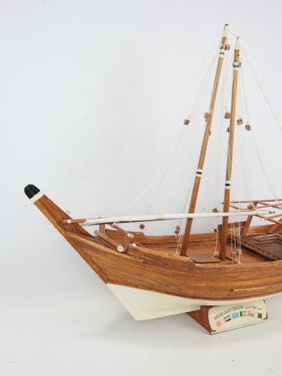 MAQUETTE of a wooden sailboat, stand titled...
