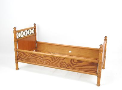 Wooden doll's bed imitating bamboo, the headboard...