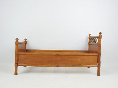 Wooden doll's bed imitating bamboo, the headboard...