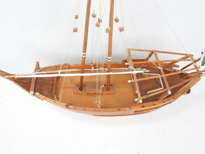 MAQUETTE of a wooden sailboat, stand titled...