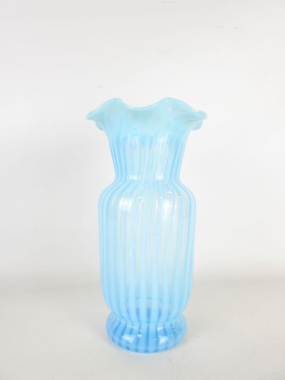 VASE in blue-tinted glass with white fillet...