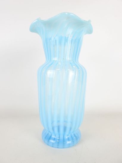 VASE in blue-tinted glass with white fillet...