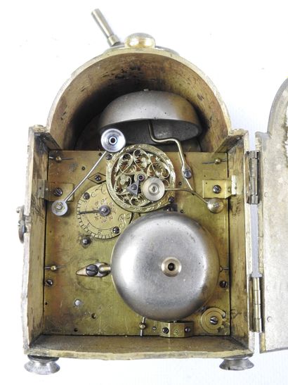 brass TRAVEL CLOCK, enameled dial with Arabic...