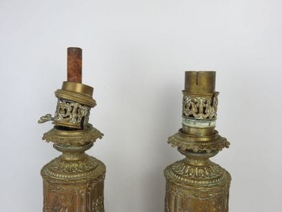 Pair of gilded brass kerosene LAMPS with...