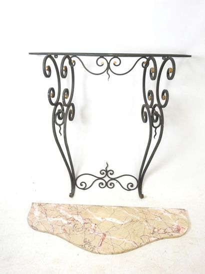 CONSOLE in black and gilded lacquered wrought-iron,...