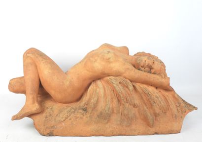 Nude woman lying on a sheaf of wheat, terracotta....