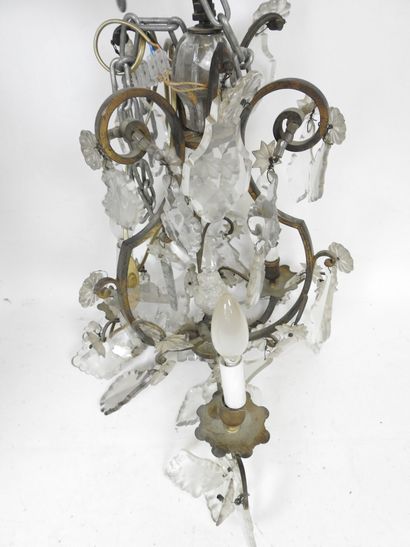 Three-light metal cage chandelier adorned...