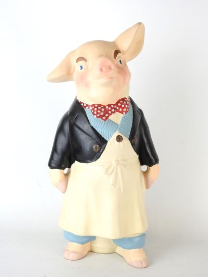 COCHON cuisinier. Sujet en plâtre peint....