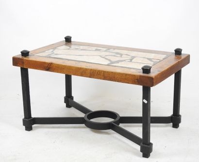 Brutalist LOW TABLE with carved stone and...