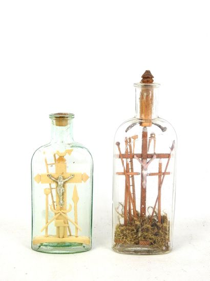 TWO EX-VOTOS in glass bottles. H (tallest):...