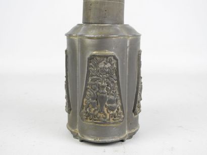 CHINA: Four-lobed pewter tea caddy decorated...