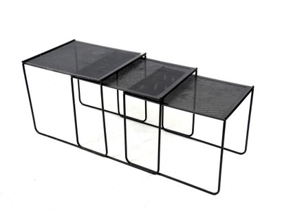 THREE nesting TABLES in perforated black...