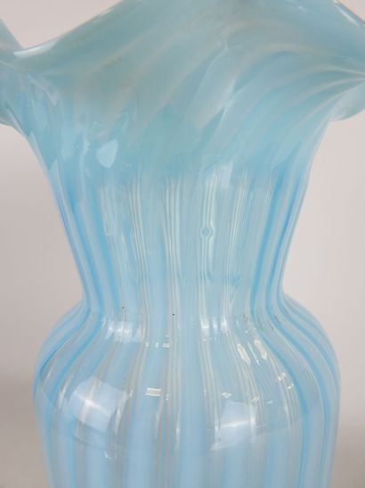 VASE in blue-tinted glass with white fillet...