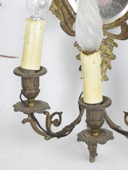 Pair of bronze three-light sconces with mirror...