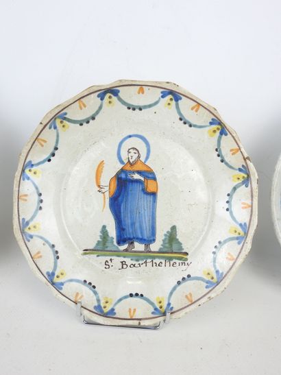 NEVERS: Pair of blue, yellow and green polychrome...