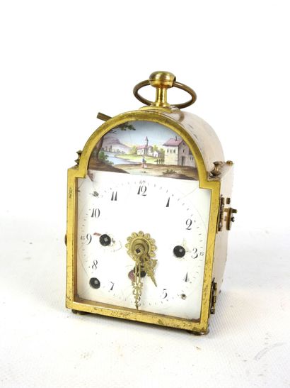 brass TRAVEL CLOCK, enameled dial with Arabic...