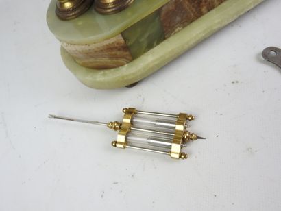 Glass, bronze and onyx cage clock topped...