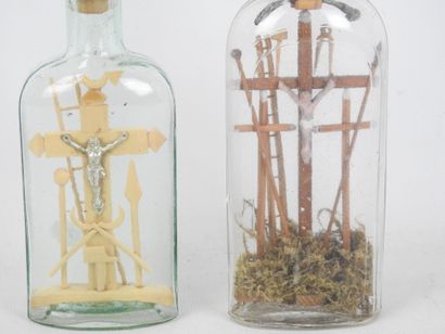 TWO EX-VOTOS in glass bottles. H (tallest):...