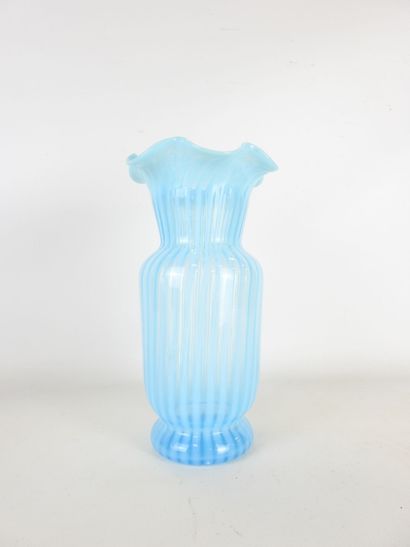 VASE in blue-tinted glass with white fillet...