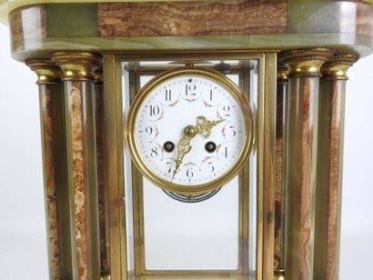 Glass, bronze and onyx cage clock topped...