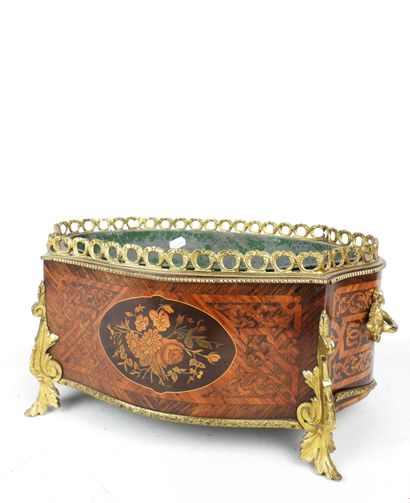 JARDINIERE in inlaid veneer with gilt bronze...