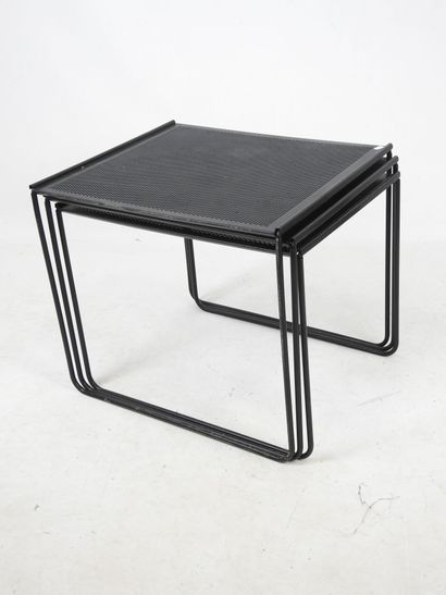 THREE nesting TABLES in perforated black...