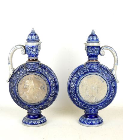 C.BONNEFOND: Pair of blue and gray glazed...