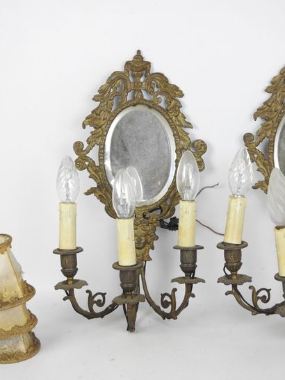 Pair of bronze three-light sconces with mirror...