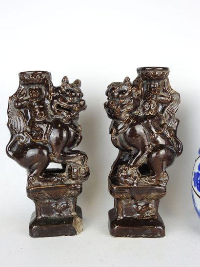 CHINA: Pair of brown glazed ceramic candleholders...