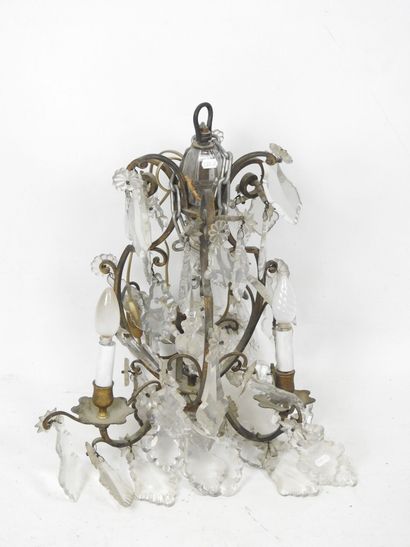 Three-light metal cage chandelier adorned...