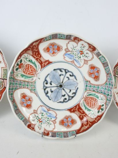 JAPAN: Three porcelain plates with blue,...