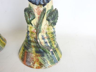 POPULAR ART: Three glazed terracotta candleholders...