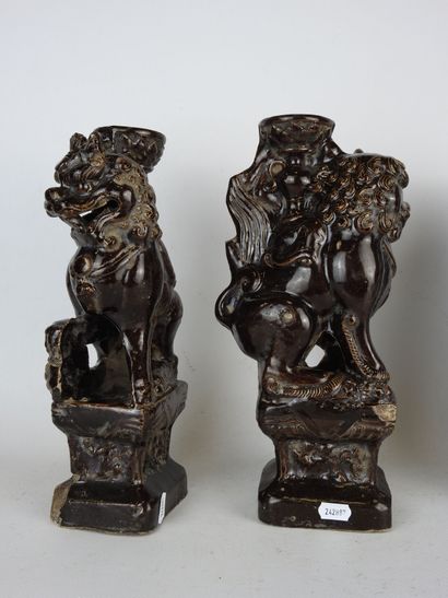 CHINA: Pair of brown glazed ceramic candleholders...