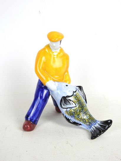 HENRIOT Quimper: Fisherman with fish. Earthenware...