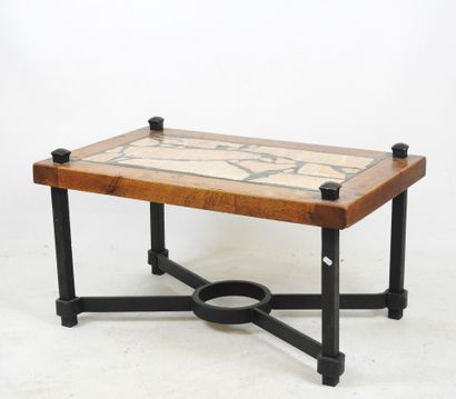 Brutalist LOW TABLE with carved stone and...