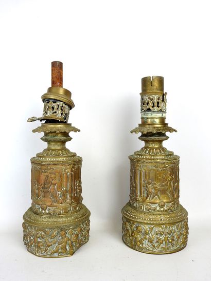 Pair of gilded brass kerosene LAMPS with...