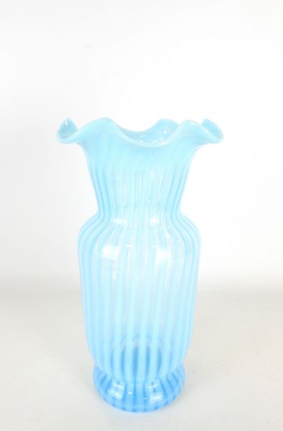 VASE in blue-tinted glass with white fillet...
