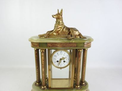 Glass, bronze and onyx cage clock topped...