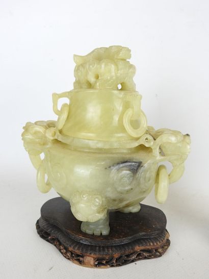 CHINA: Covered pot in carved hard stone,...